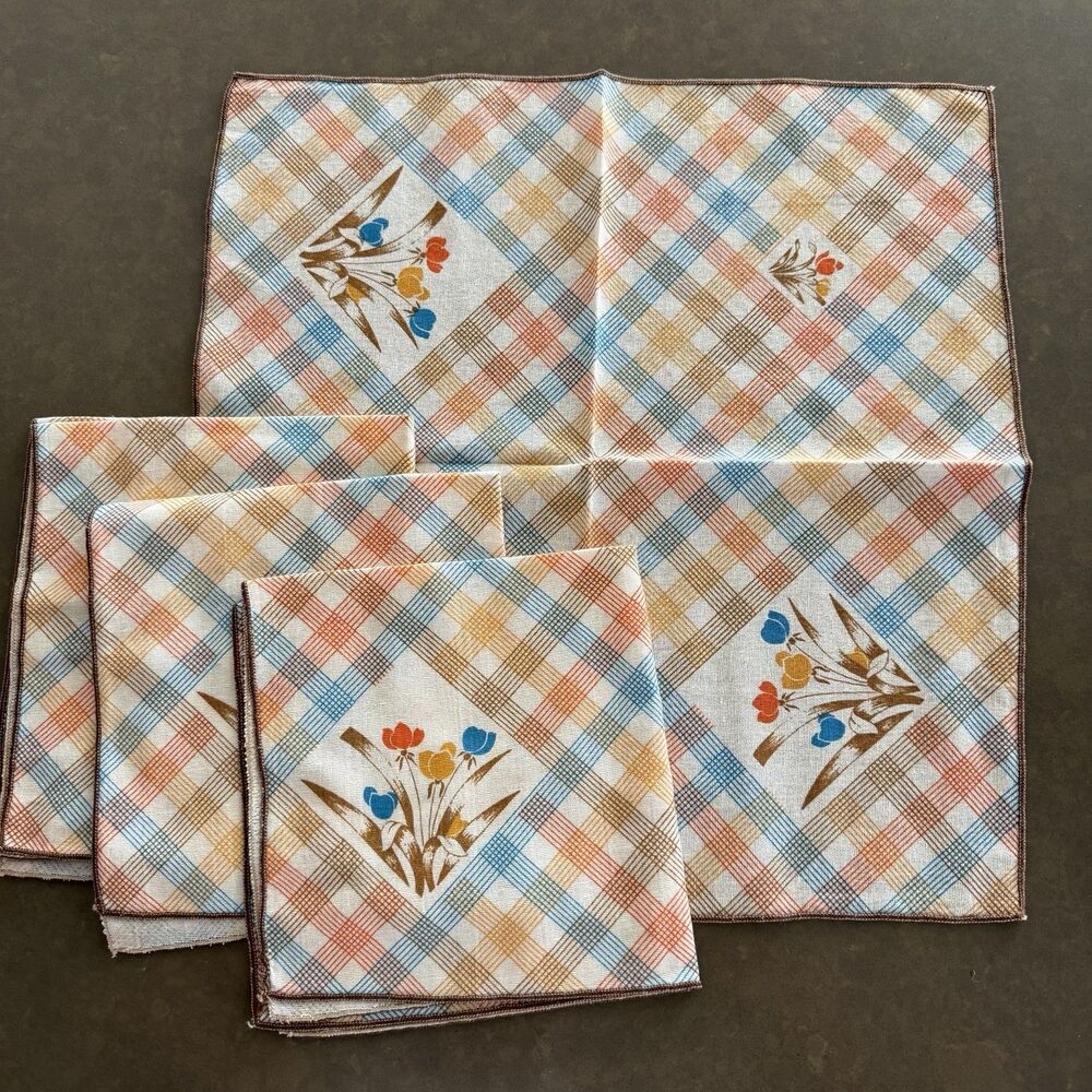 4 VTG Floral Cotton/Poly Napkins 17x17" Earth Tone Plaid w/Flowers Cottage